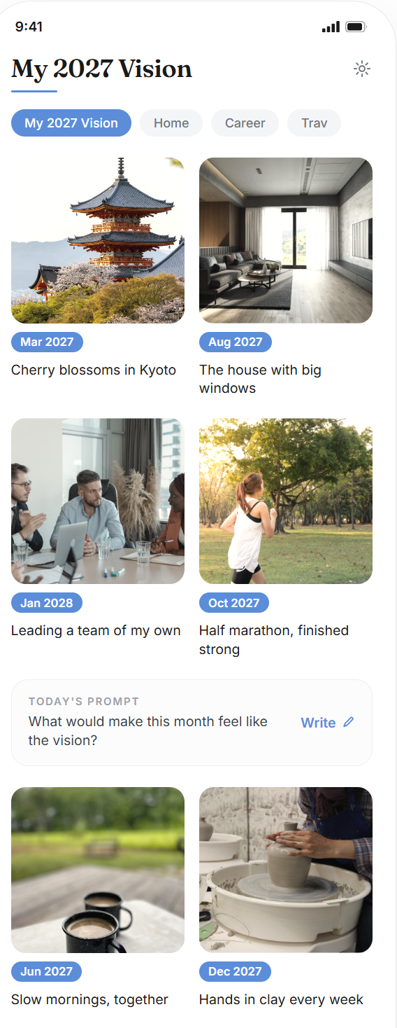 The Vision Boardly board view on a phone, showing dated visions in a grid