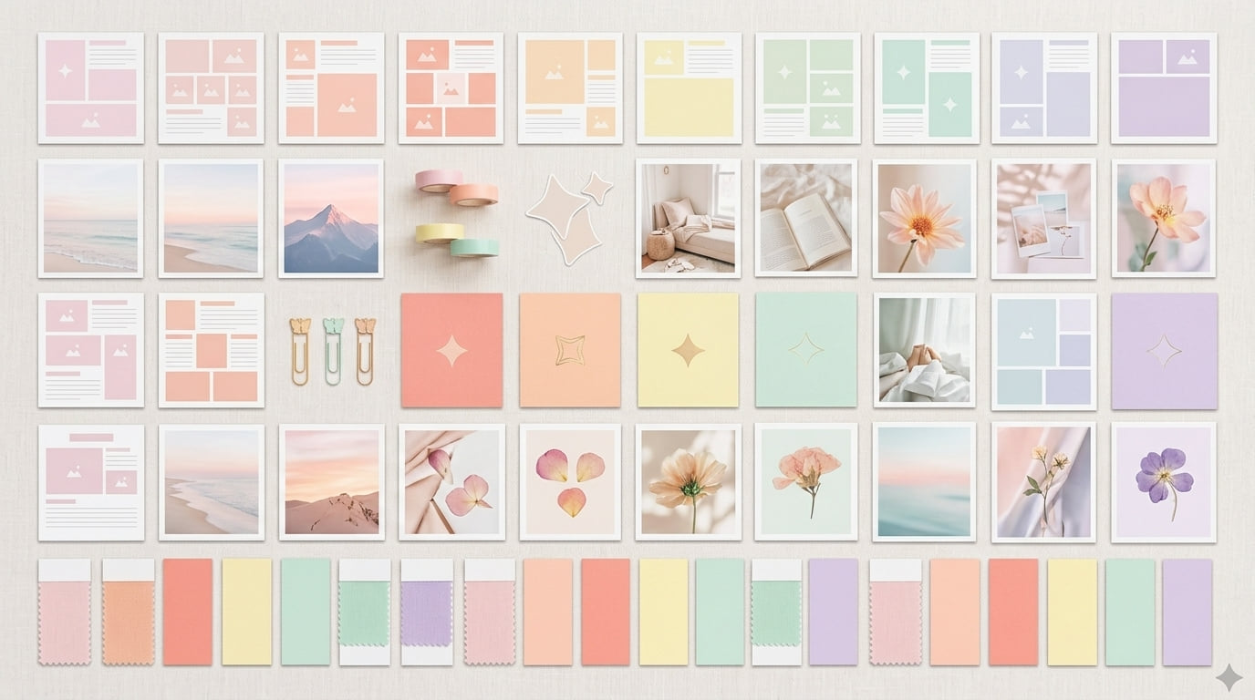 A digital vision board kit laid out with template layouts, image cards and decorative elements