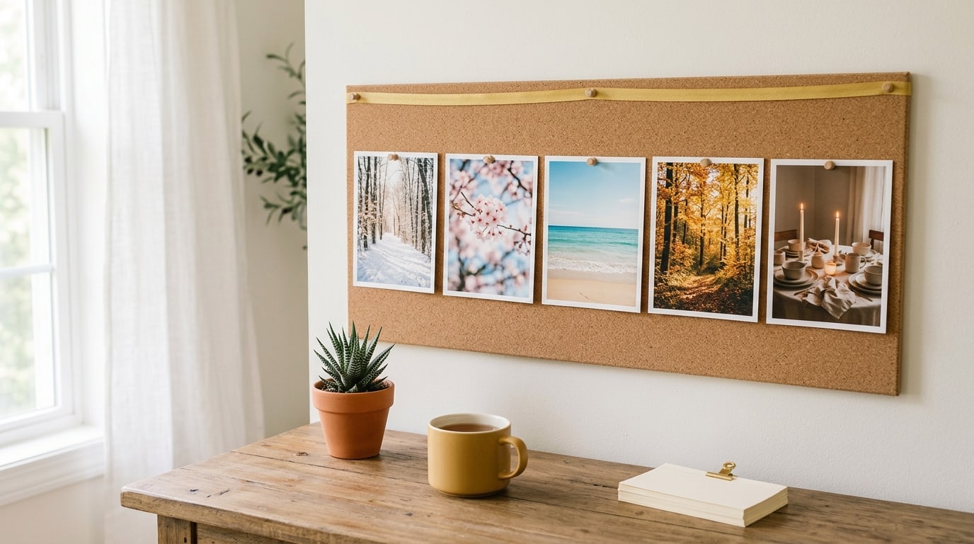 2027 vision board goals: a row of seasonal photos from snow to candlelight pinned above a desk
