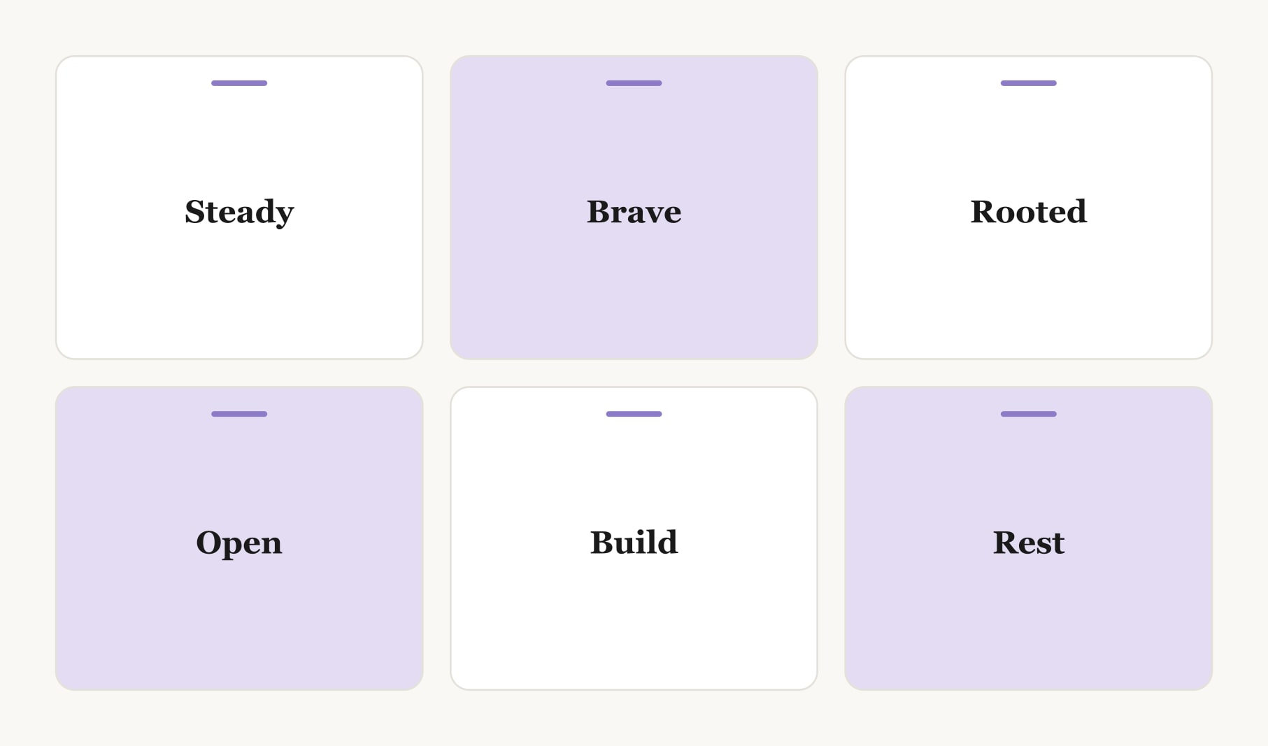Six words of the year for a 2027 vision board set on cards: steady, brave, rooted, open, build and rest