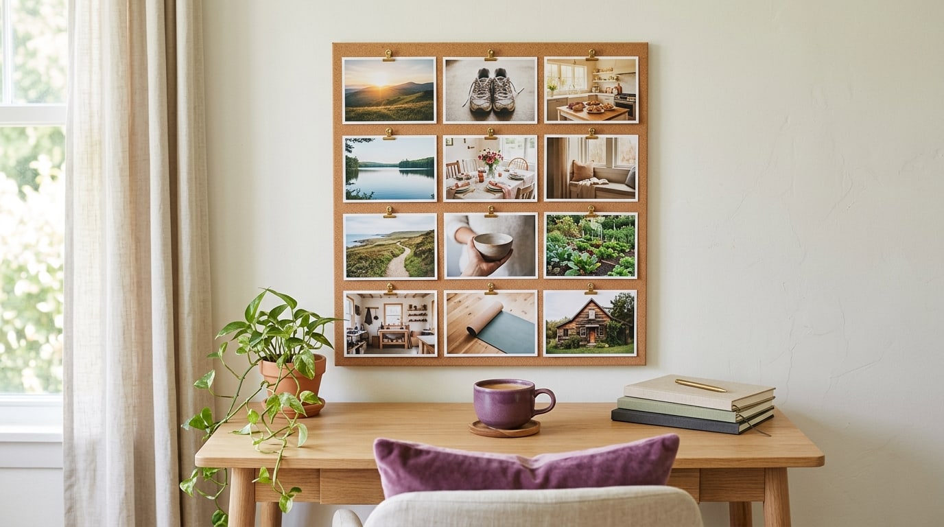 2027 vision board ideas laid out as a neat grid of goal photos on a wall above a sunny desk