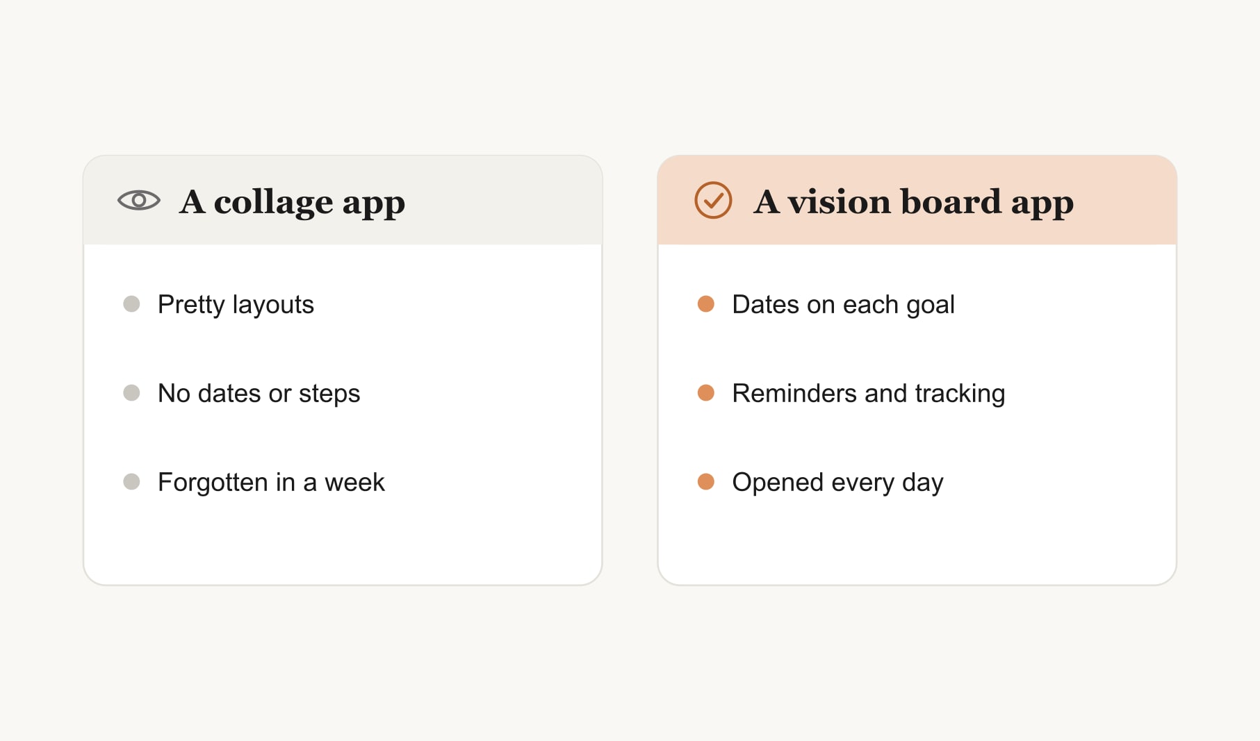 A collage app compared with a real vision board app with goal dates, reminders and tracking