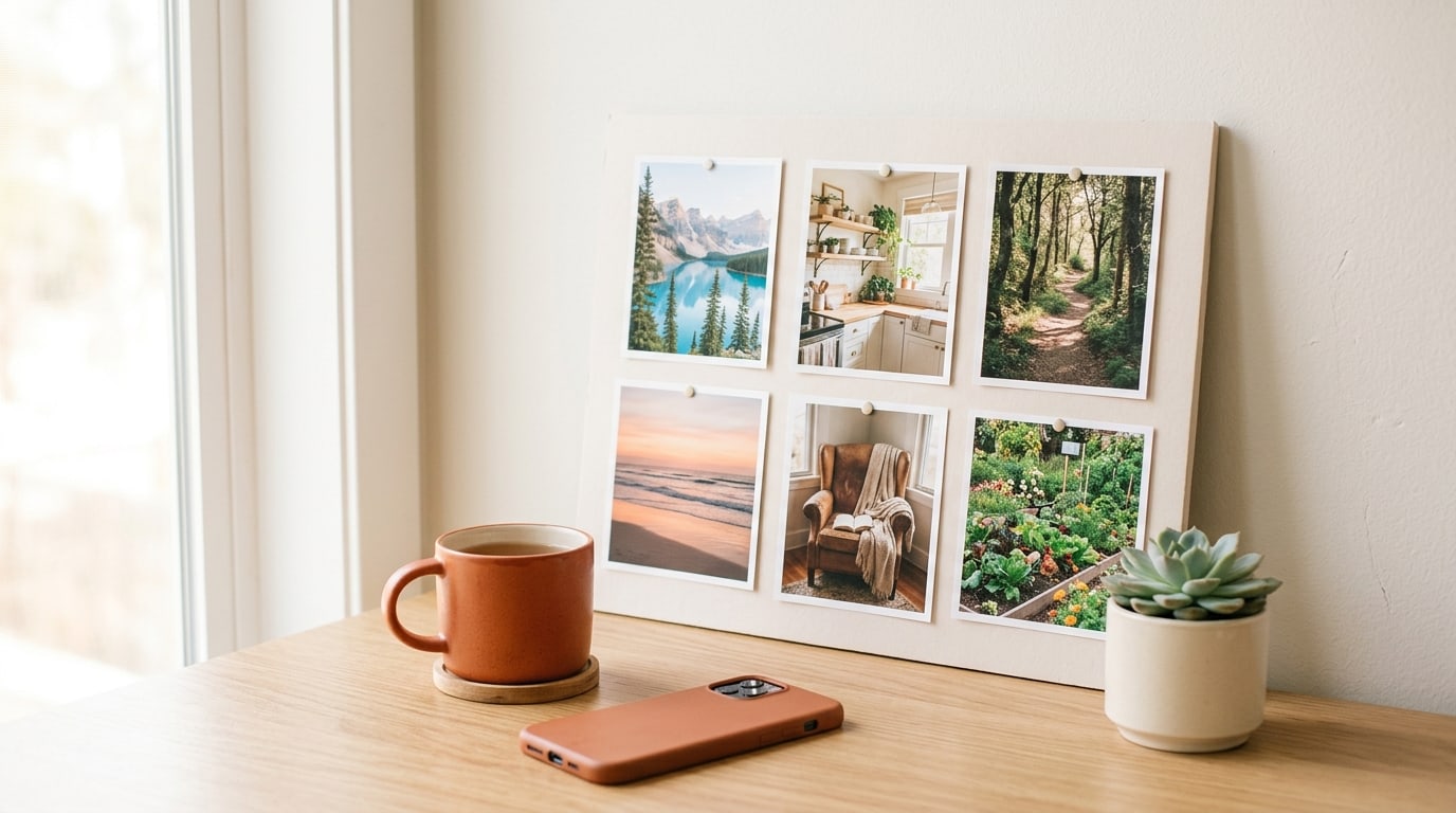 Best vision board apps 2027: a printed photo board on a desk beside a face-down phone and a mug