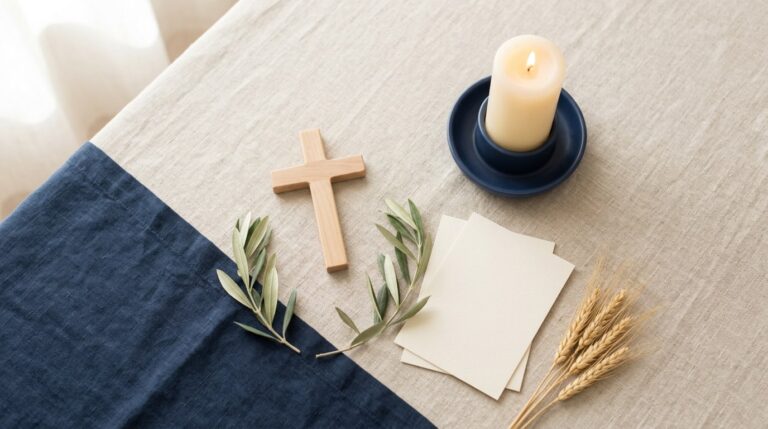 Bible quotes for vision board: a wooden cross, a candle, blank cards and olive leaves on linen