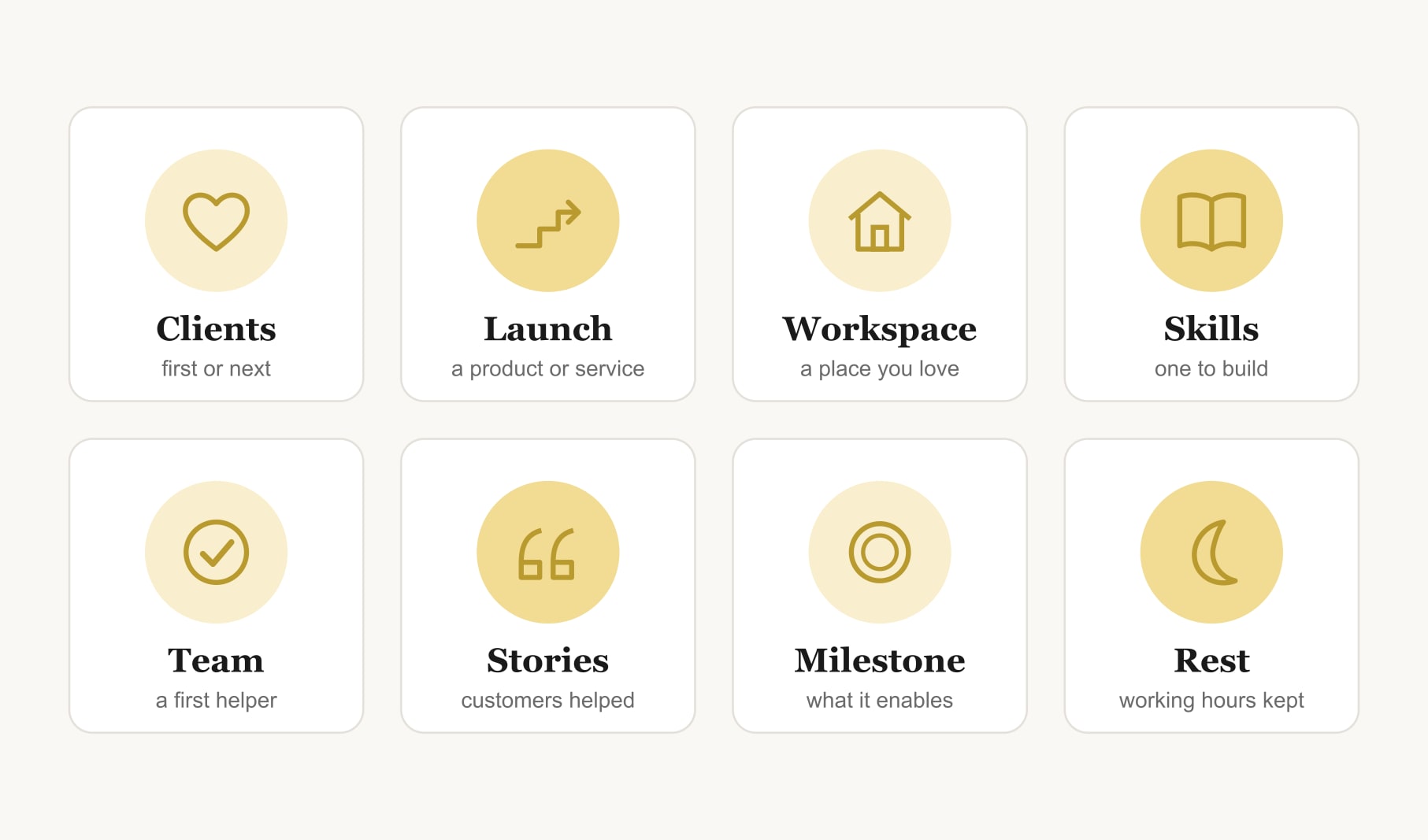 Eight business vision board ideas: clients, a launch, workspace, skills, team, customer stories, milestone and rest