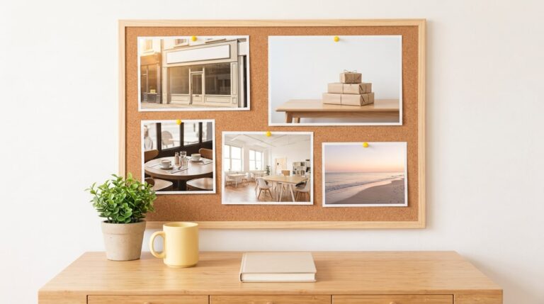 Business vision board ideas: a board of shopfront, parcels, meeting table and beach photos above a desk