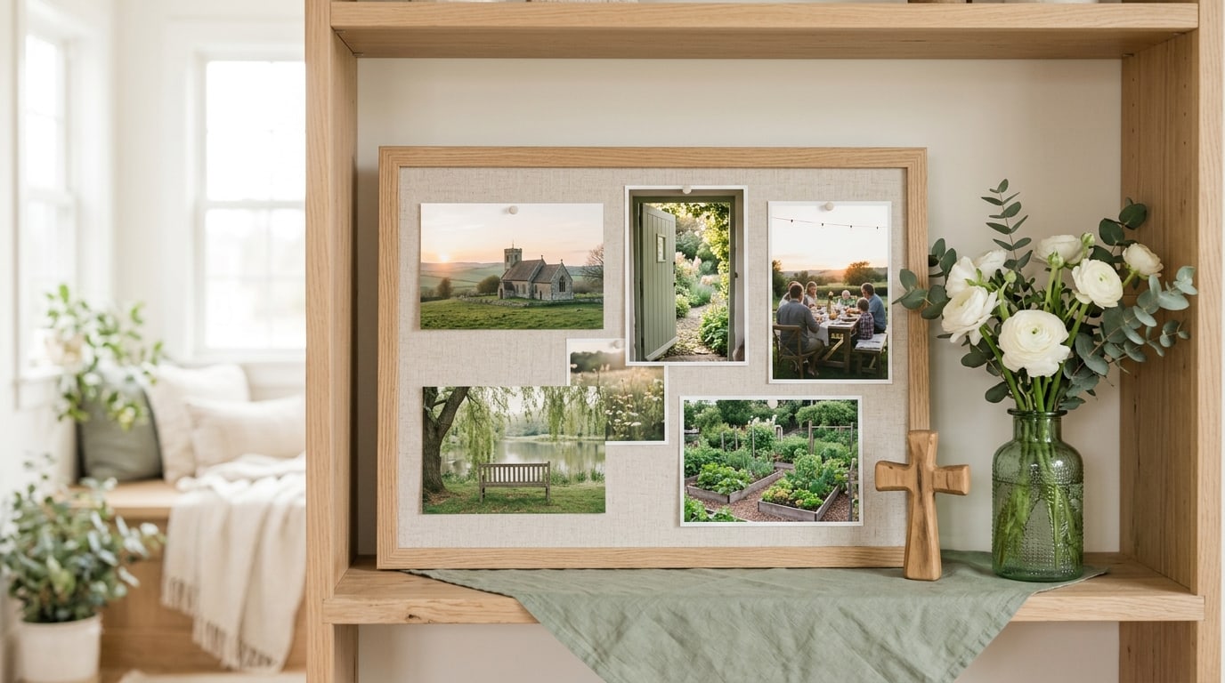 Christian vision board ideas: a board of sunrise church and garden photos beside a small wooden cross