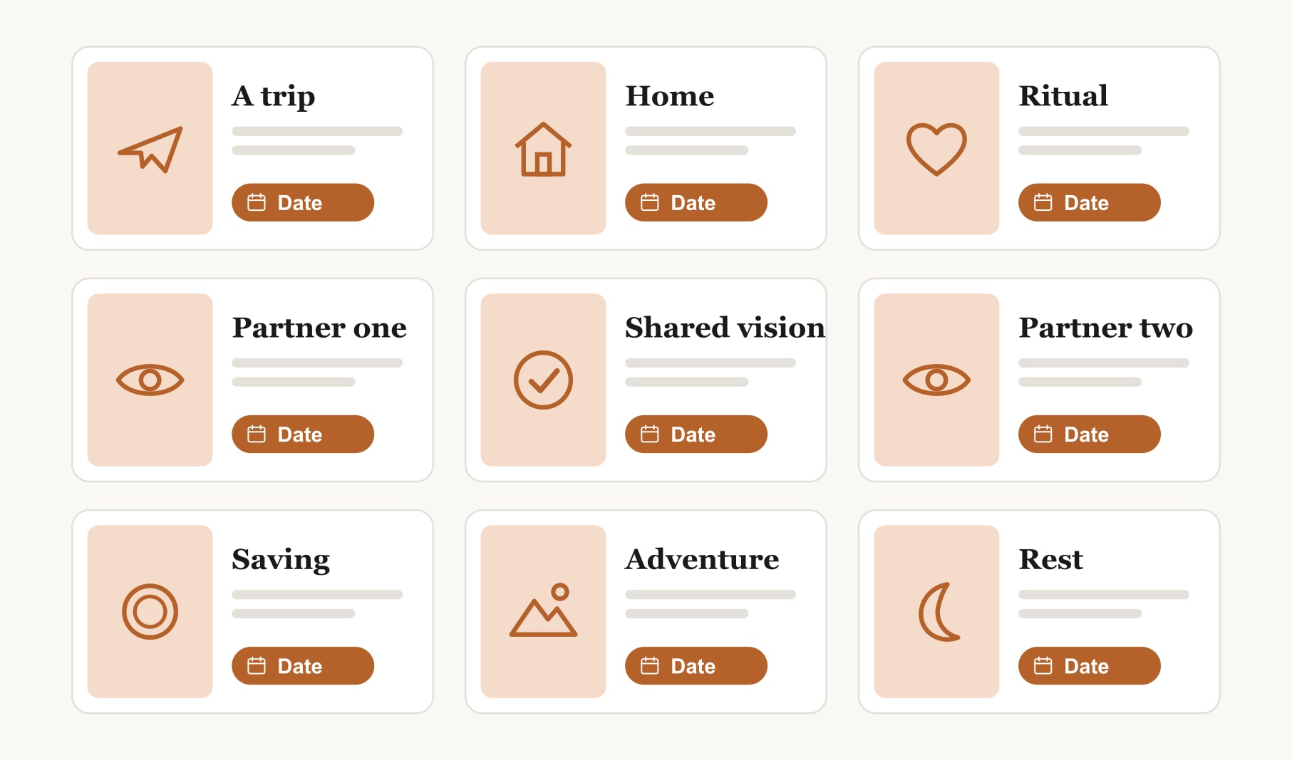 A couples vision board layout with a shared vision in the centre and a square for each partner