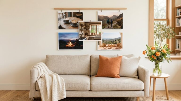 Couples vision board ideas: a board of shared photos above a sofa, from coffee for two to a mountain path