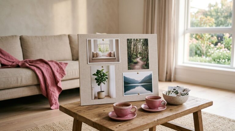 Creating a vision board at home: a nearly finished photo board on a low table beside tea and loose photos