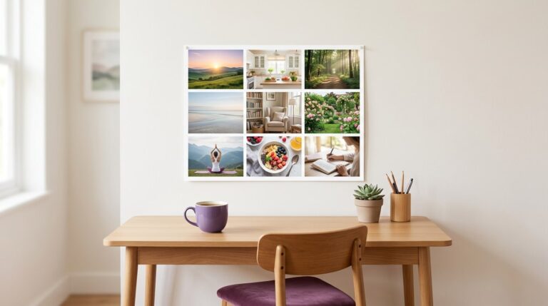 Creating a vision board online 2027: a crisp printed nine-photo grid pinned above a tidy desk