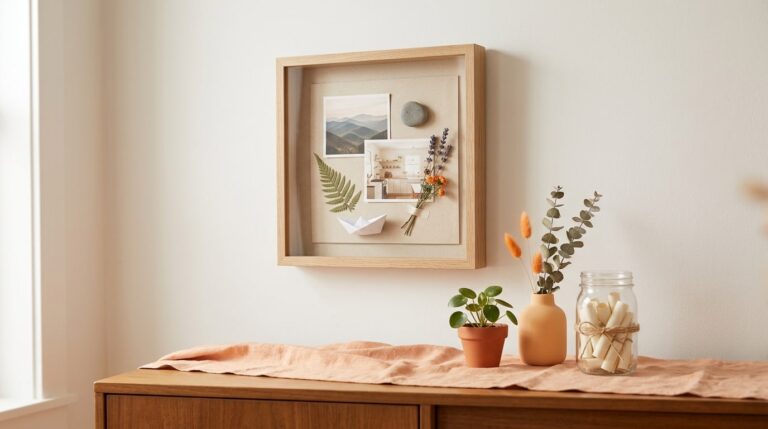 Creative vision board ideas: a shadow box of photos and keepsakes beside a jar of folded paper slips