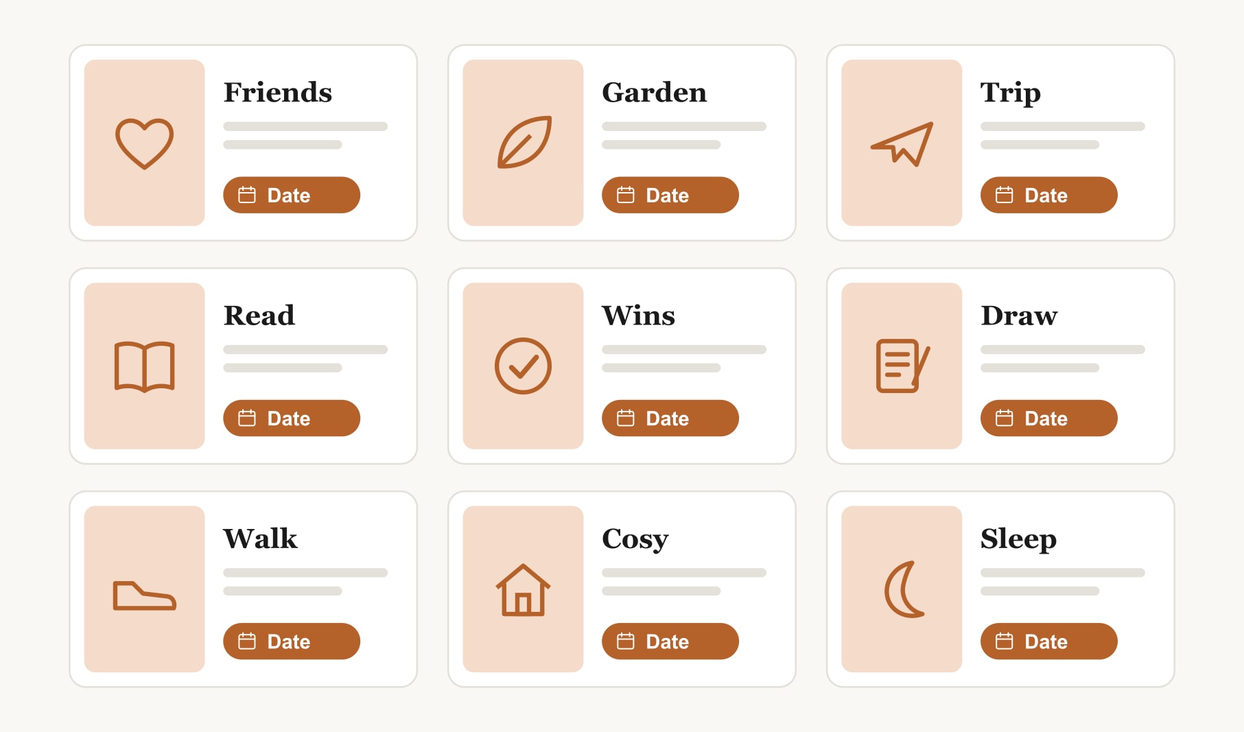 A cute vision board layout of nine soft goals around a wins square, from friends and garden to sleep