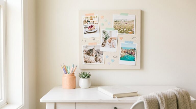 Cute vision board ideas: a pastel board of instant photos, washi tape and star stickers above a desk