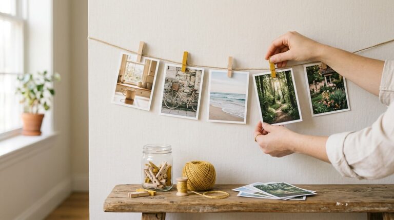 DIY vision board ideas: hands pegging photos onto twine on a pale wall above a bench