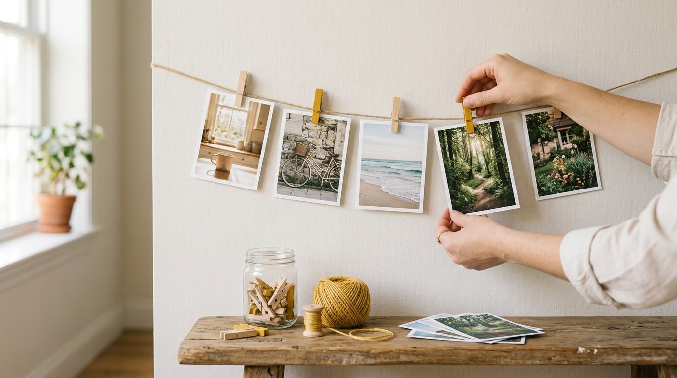 DIY vision board ideas: hands pegging photos onto twine on a pale wall above a bench