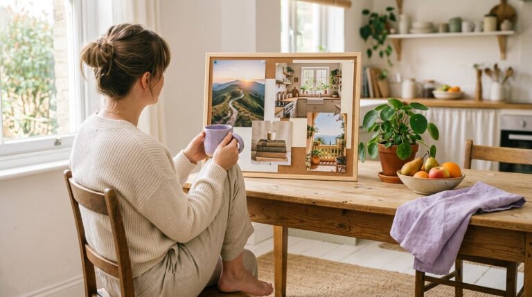 Do vision boards work: a person with a mug studies their photo board at a sunlit kitchen table