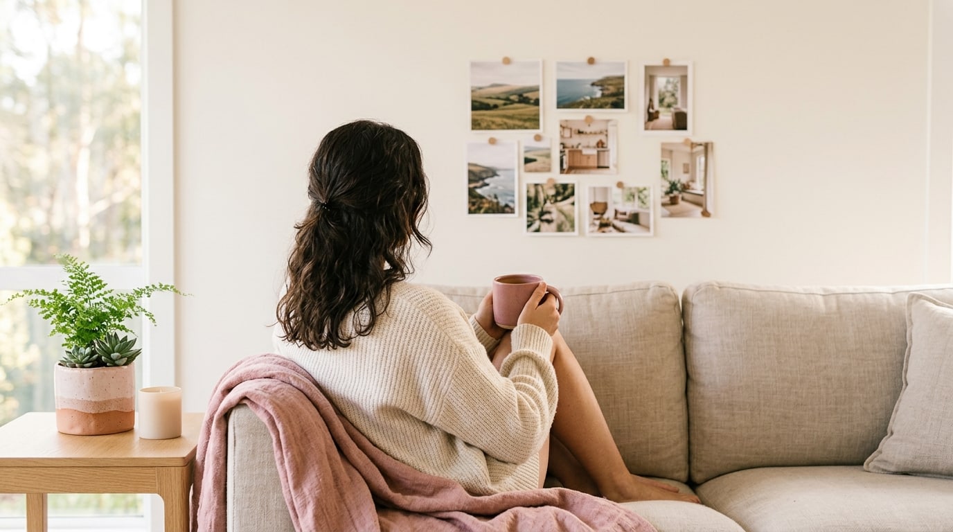 Does vision boards work: a person on a sofa with a warm cup looks at a small photo board on the wall