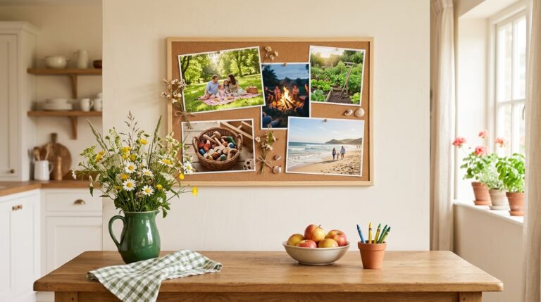 Family vision board ideas pinned in a sunny kitchen above a table with apples, wildflowers and crayons