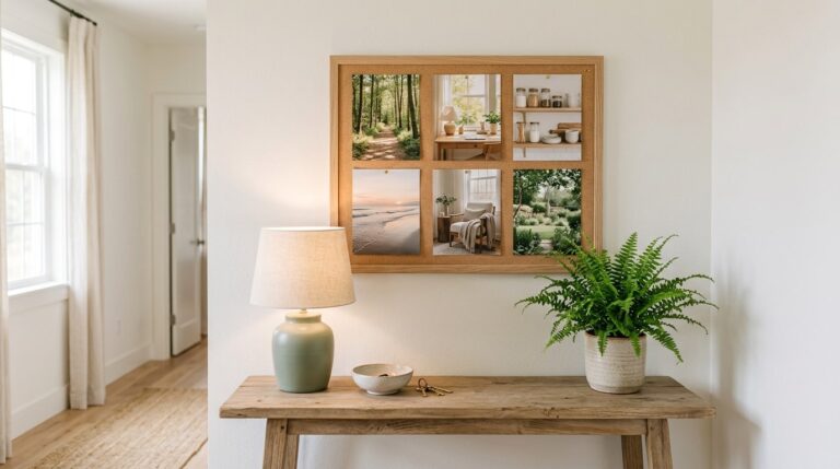Goal vision board ideas shown as a grid of goal photos hanging above a console table in a calm hallway