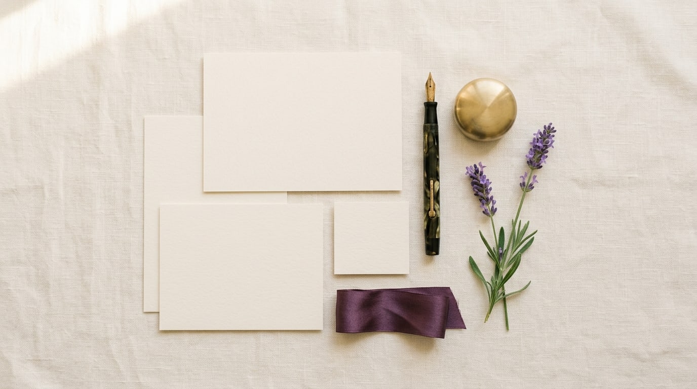 Good quotes for vision board: blank cards, a fountain pen, a brass paperweight and lavender on linen