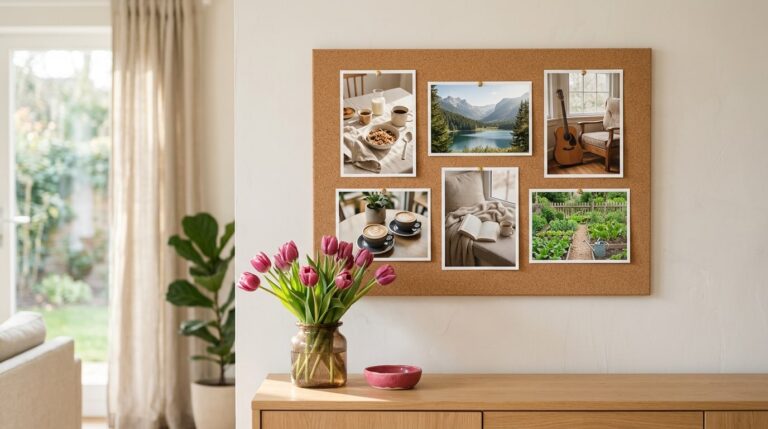 Good vision board ideas: a cork board of breakfast, lake, guitar and garden photos above a sideboard