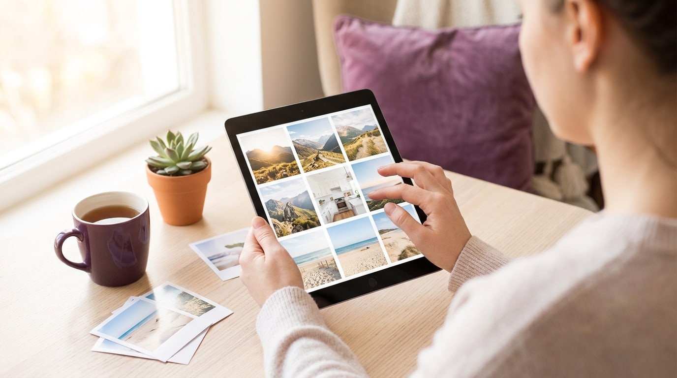 How to make a digital vision board: hands arranging a grid of photos on a tablet at a sunny wooden table