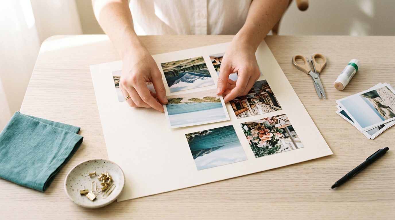 Hands placing photos in a grid on card, showing how to make a vision board at a sunny wooden table
