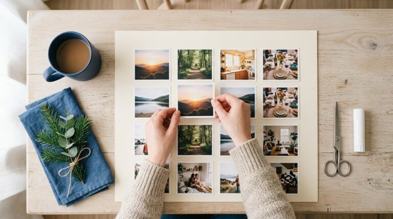 How to make a vision board for 2027: hands arranging photos in four rows on card at a sunny table