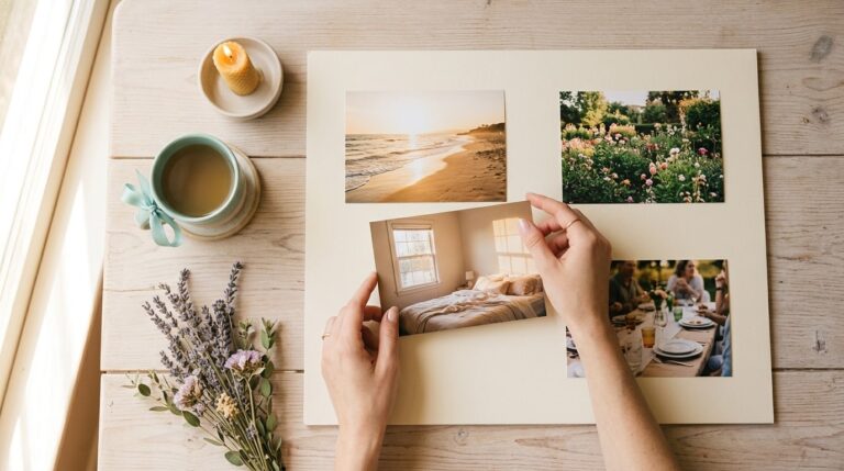 How to make a vision board for manifestation: hands placing warm photos on a board beside a candle
