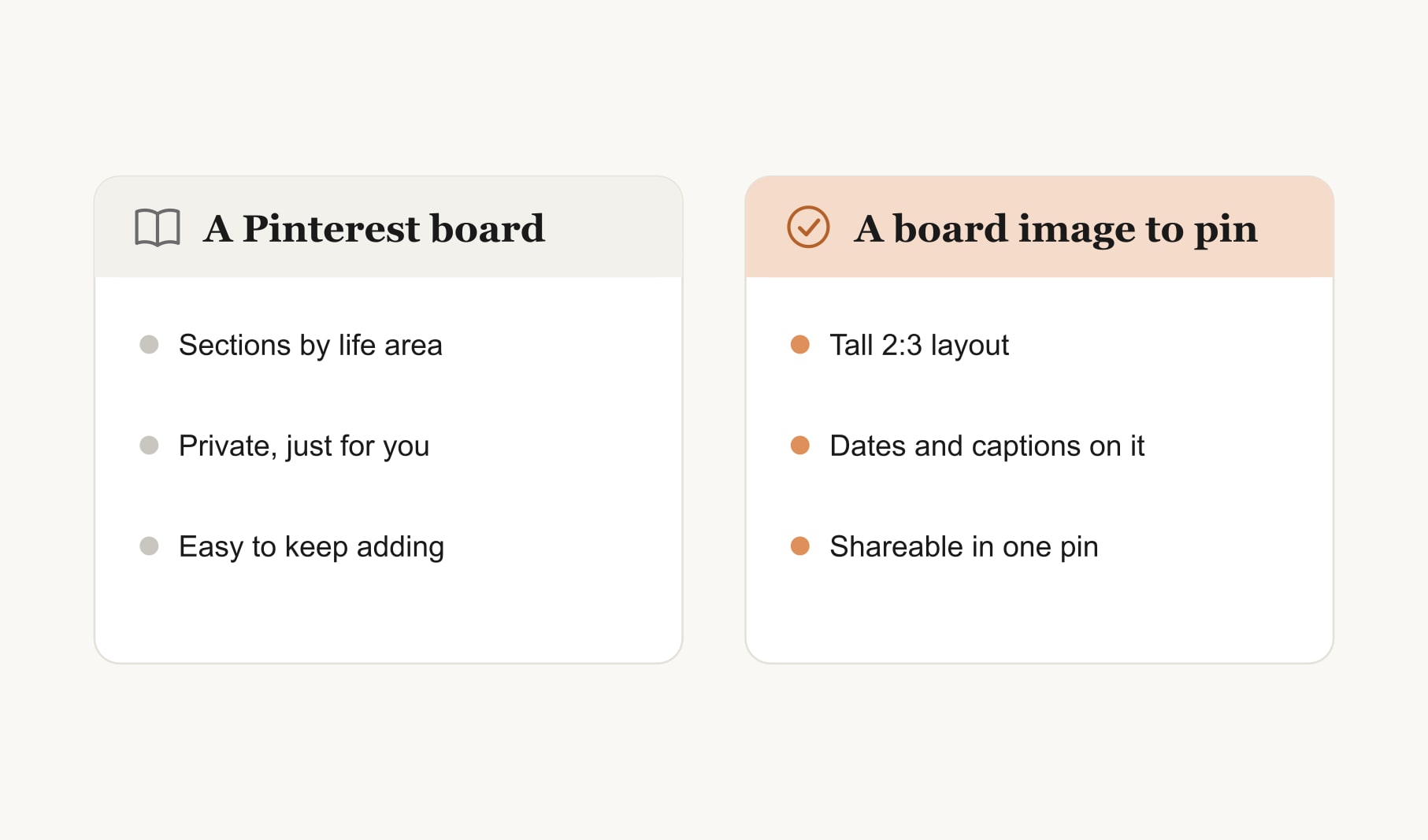 Two ways to make a vision board for Pinterest: a private Pinterest board, or a board image designed to pin