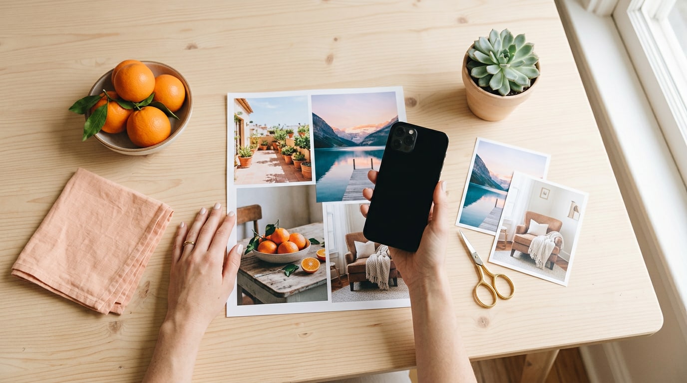 How to make a vision board for Pinterest: hands with a phone beside a printed board of photos on a sunny table