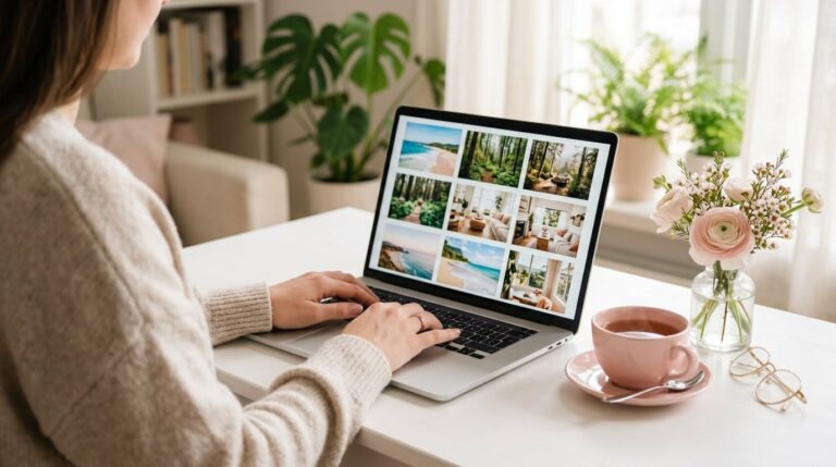 How to make a vision board online: hands at a laptop showing a grid of travel and home photos on a white desk
