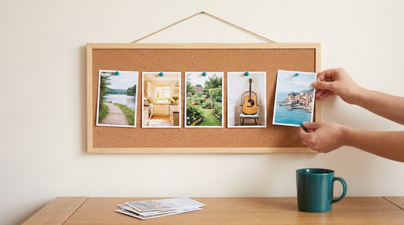 How to make a vision board that works: hands lift a photo off a cork board, leaving five clear goals