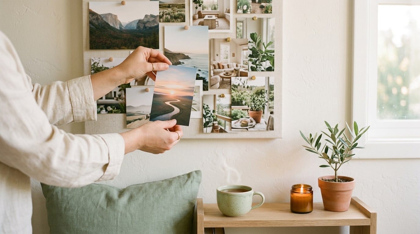 How to manifest a vision board: hands pin a sunrise photo onto a board of landscape and home photos
