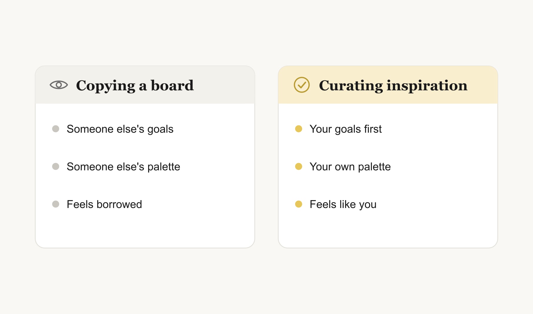 Copying a Pinterest vision board compared with curating inspiration to build a board that feels like you