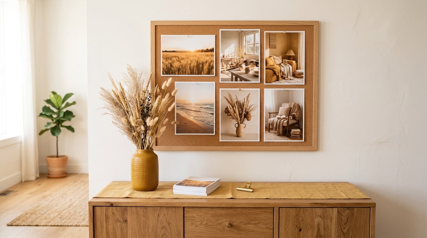 Inspiration vision board Pinterest: a warm golden board of wheat field, studio and beach photos