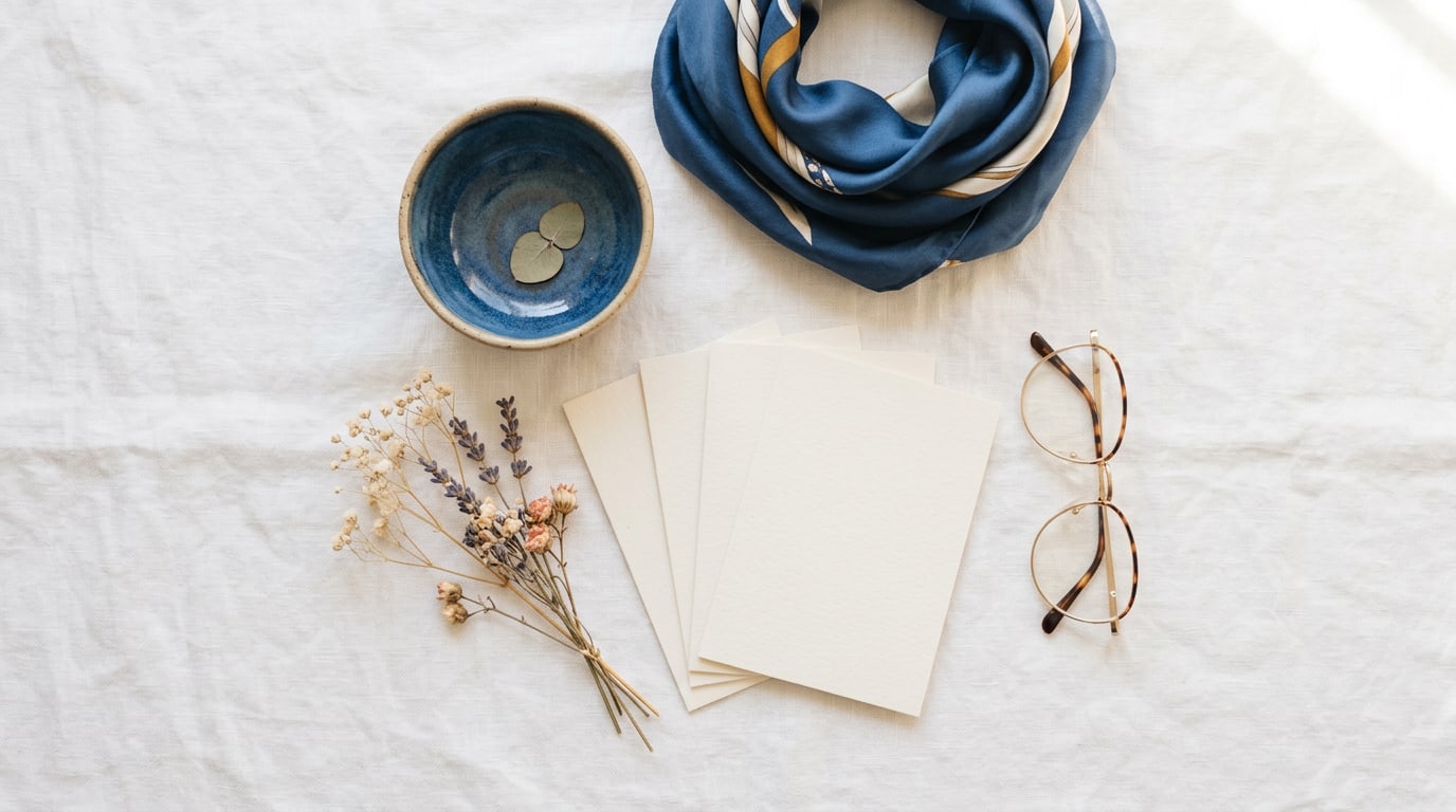 Blank cards, dried flowers and a blue scarf laid out for choosing inspirational quotes for vision board use