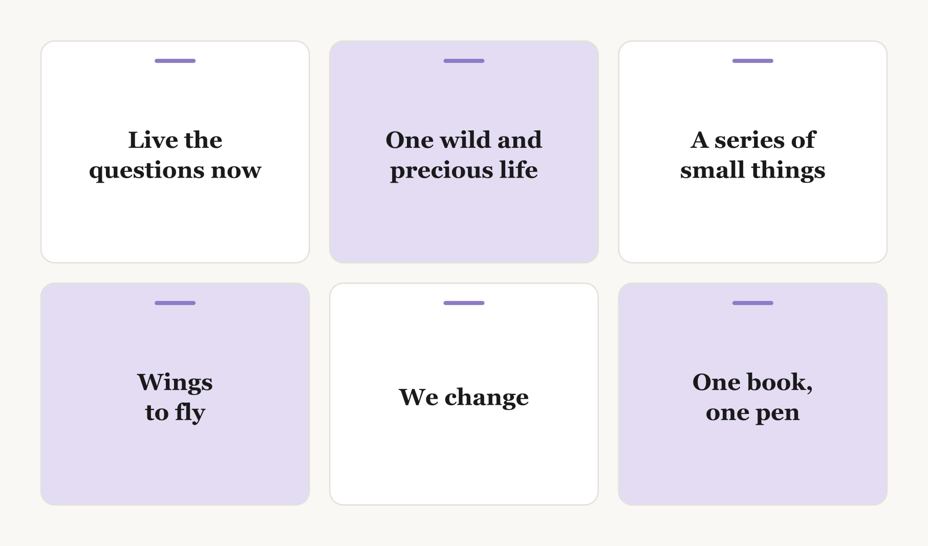 Six inspiring quotes for a vision board set on cards, from live the questions now to one book, one pen