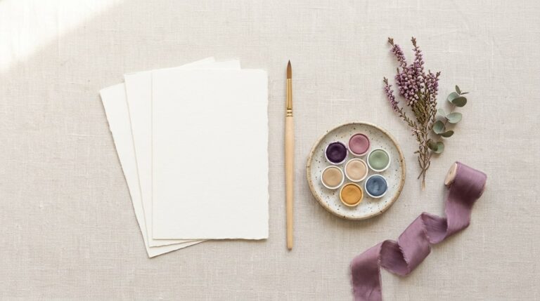 Blank cards, a paintbrush and dried flowers laid out, ready for writing inspiring quotes for vision board use