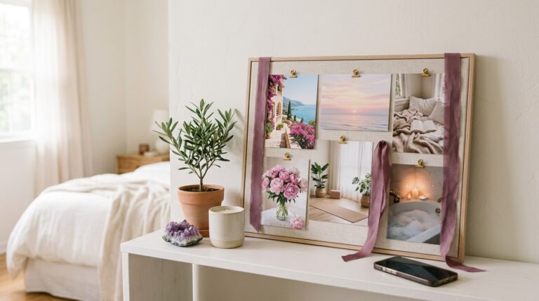 Manifestation Pinterest vision board ideas: a dreamy board of villa, sunrise and peony photos on a shelf
