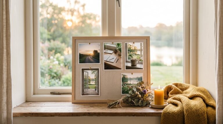 New year vision board ideas: a board of sunrise and fresh start photos leaning on a windowsill at dawn