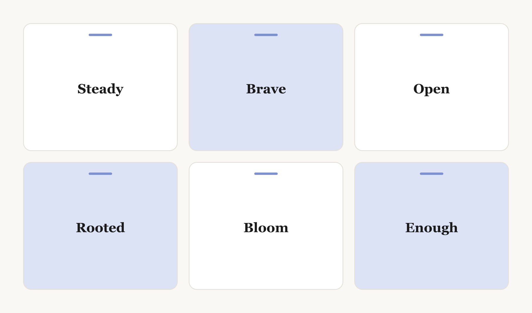 Six examples of one word for vision board layouts: steady, brave, open, rooted, bloom and enough