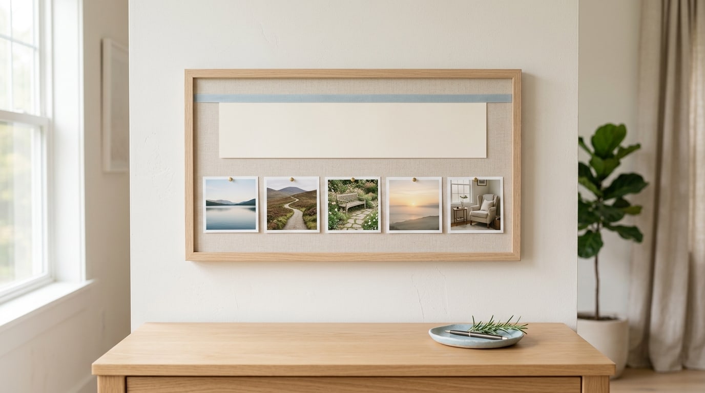 One word for vision board: a minimal board with a blank top card above calm lake and path photos
