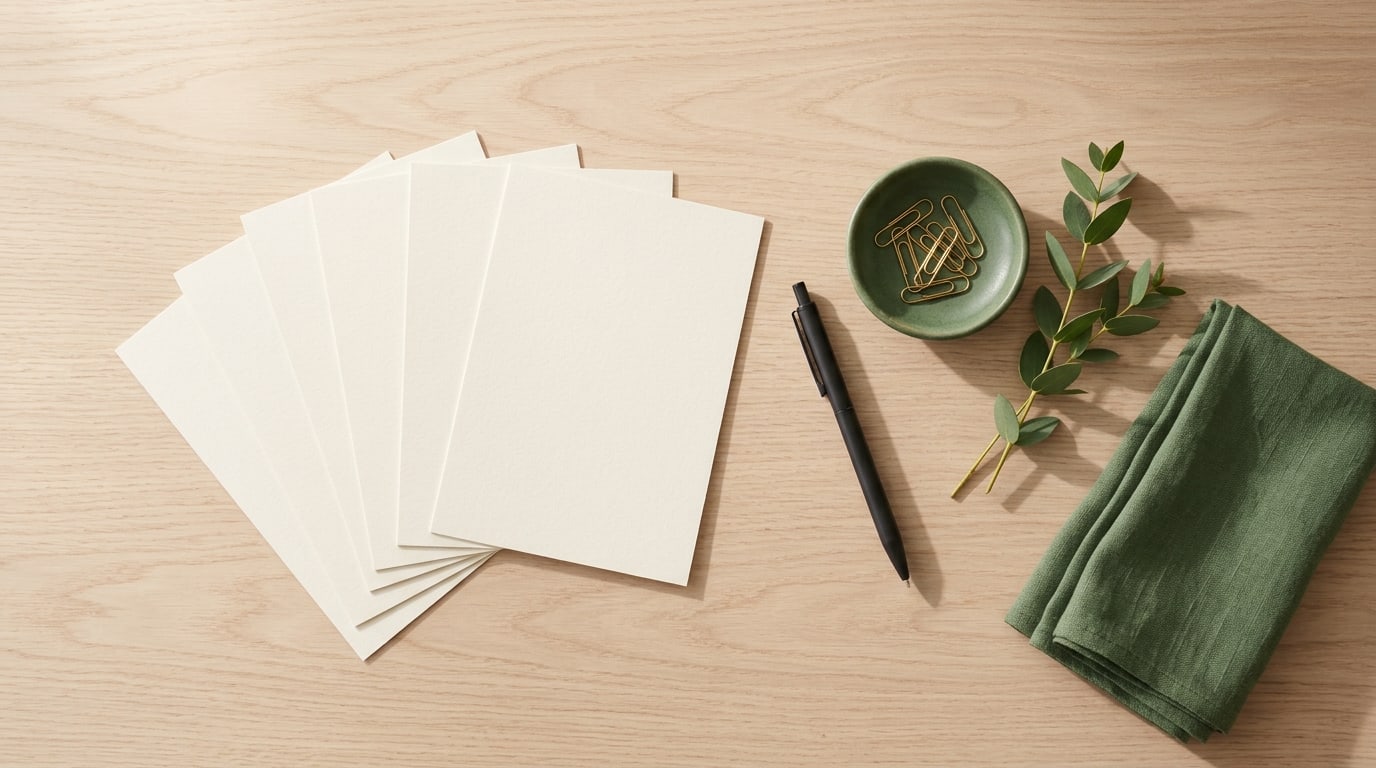 Pinterest vision board quotes: tall blank cards in a fan beside a pen and eucalyptus on pale oak