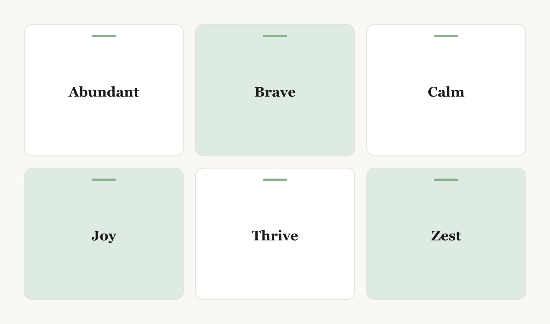 Six positive words for vision board layouts from the A to Z list: abundant, brave, calm, joy, thrive and zest