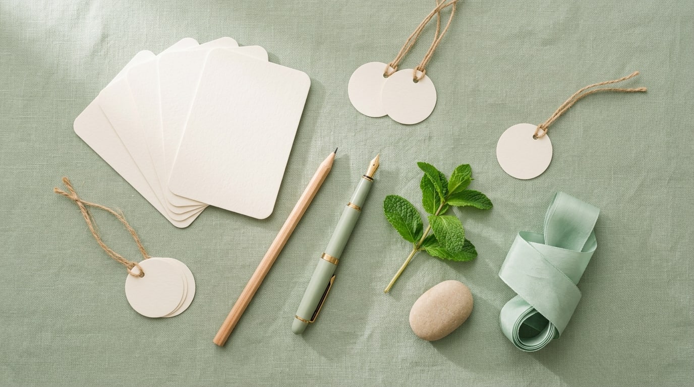 Positive words for vision board: blank cards and round tags with a fountain pen and mint on sage linen