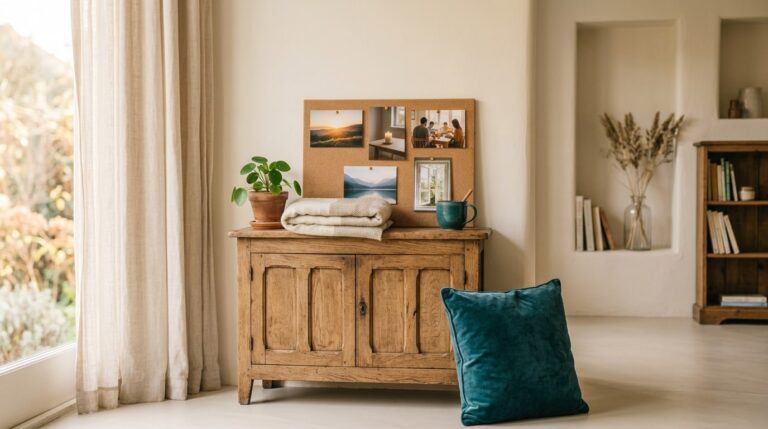 Prayer vision board ideas on a quiet shelf: photos of a sunrise, a candle and a calm lake in soft morning light