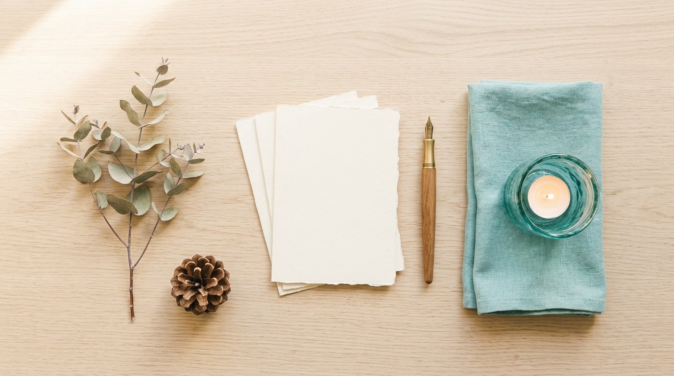Quotes for vision board 2027: blank cards, a fountain pen, a pine cone and a tea light on pale oak