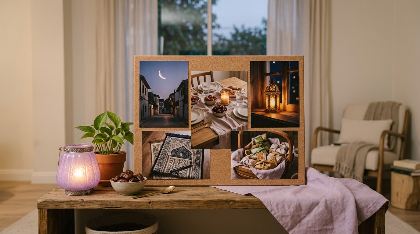Ramadan vision board ideas: a board of crescent moon, iftar table and lantern photos on a shelf at dusk